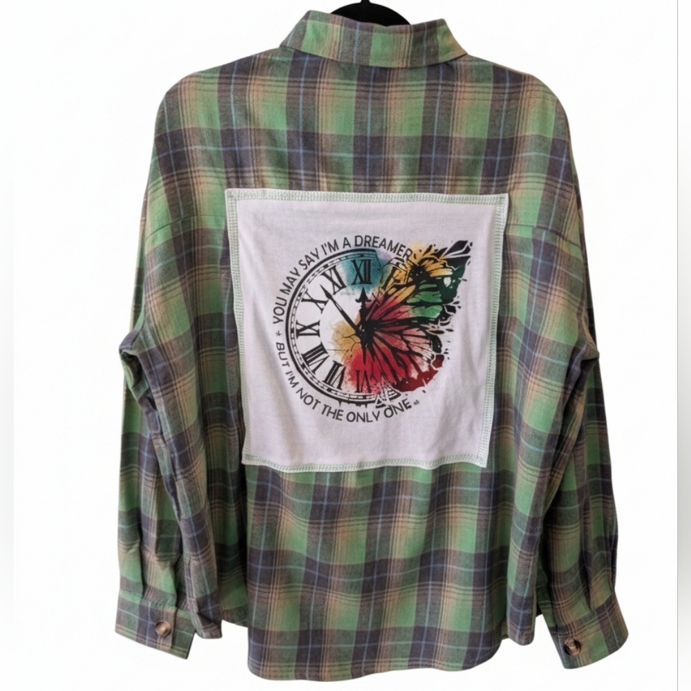 Imagine John Lennon Beatles Upcycled Plaid Shirt Hand Crafted